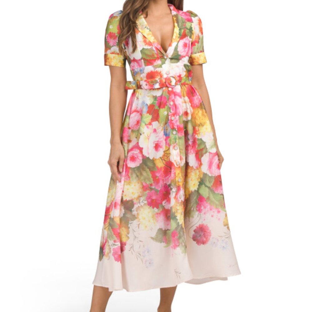 NWT DALIA MACPHEE Short Sleeve Floral Maxi Dress With Belt Size M